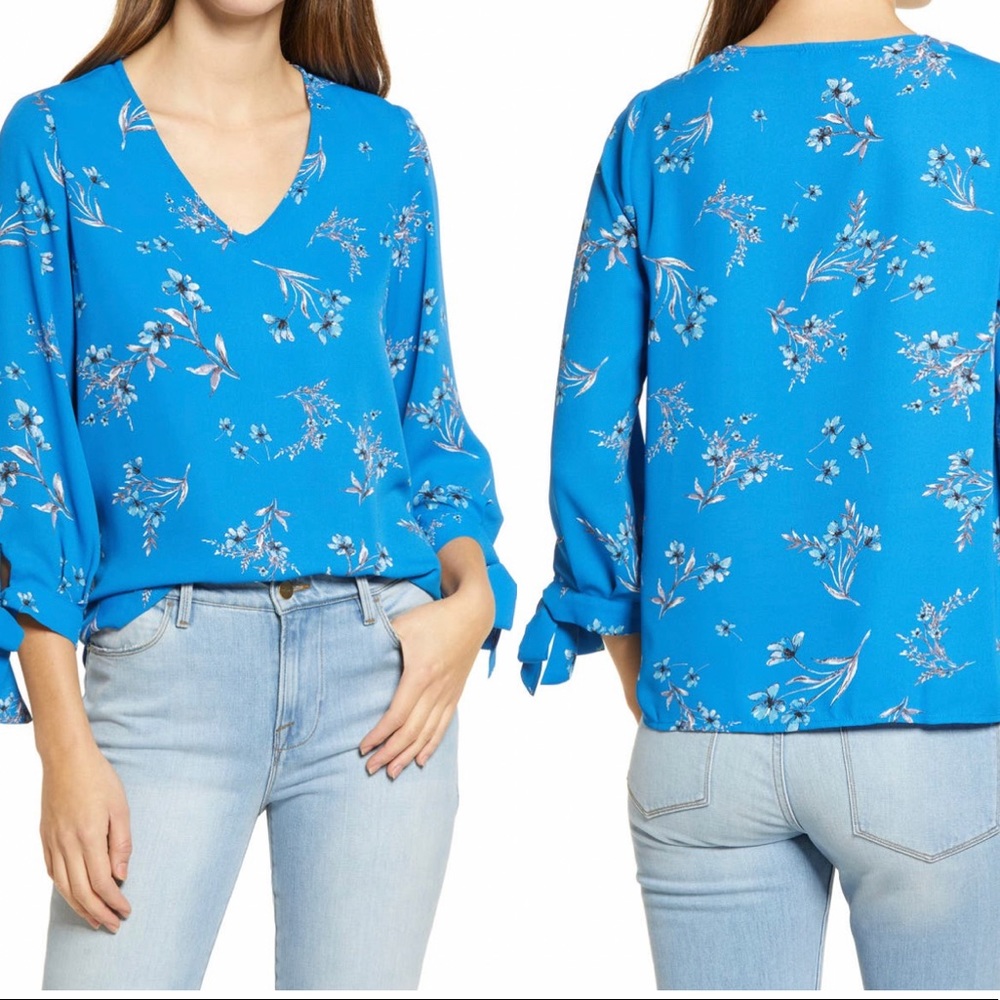CeCe painterly bouquet tie sleeve turquoise blouse/ size M